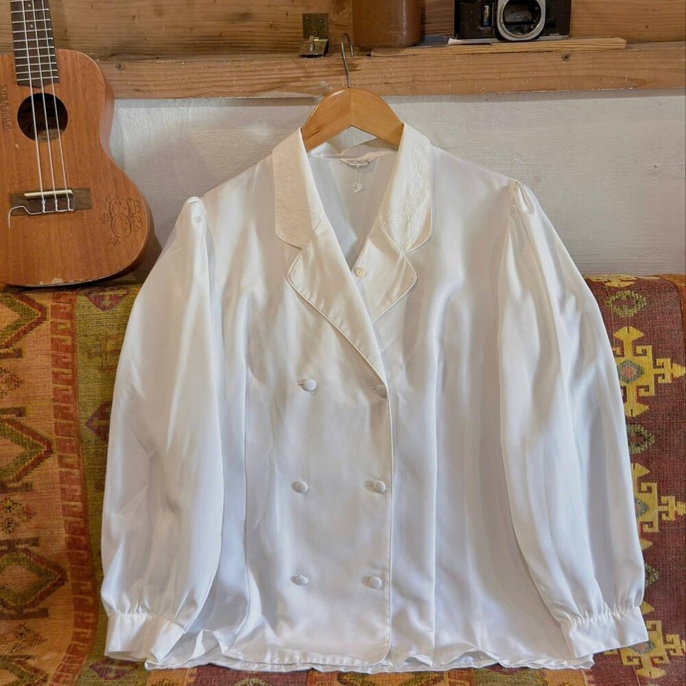 White Double Breasted Blouse Puff Sleeve Button Top